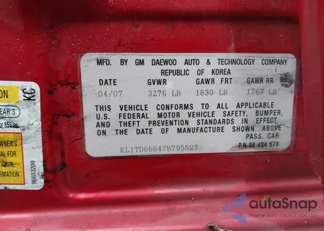 2007 Chevrolet Aveo 5 Special Value из США, поврежденный, VIN KL1TD66647B795527